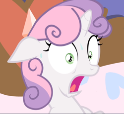 Size: 1016x939 | Tagged: safe, imported from derpibooru, screencap, sweetie belle, pony, unicorn, for whom the sweetie belle toils, cropped, ears back, female, filly, floppy ears, open mouth, panting, scared, solo, sweat, wide eyes