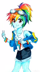 Size: 1947x3460 | Tagged: safe, artist:liaaqila, imported from derpibooru, rainbow dash, human, equestria girls, clothes, female, glasses, humanized, jacket, looking at you, peace sign, ponytail, short hair, shorts, simple background, smiling, solo, traditional art, white background