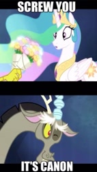 Size: 498x874 | Tagged: safe, edit, edited screencap, imported from derpibooru, screencap, discord, princess celestia, alicorn, draconequus, pony, best gift ever, season 4, twilight's kingdom, :o, bait, bouquet, caption, derail in the comments, dislestia, fangs, female, flower, image macro, looking at something, male, mare, meme, one eye closed, open mouth, otp, shipping, shipping war in the comments, smiling, straight, surprised, text, wide eyes, wink