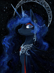 Size: 1288x1720 | Tagged: safe, artist:koviry, imported from derpibooru, princess luna, alicorn, pony, bust, cape, clothes, eyeliner, female, hair ornament, looking at you, makeup, mare, peytral, portrait, profile, slit eyes, slit pupils, solo, traditional art