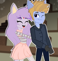 Size: 441x461 | Tagged: safe, artist:galacticflashd, imported from derpibooru, oc, oc:catty blaze, oc:hiro streik, equestria girls, clothes, couple, cute, female, male, oc x oc, shipping, skirt, smiling, straight