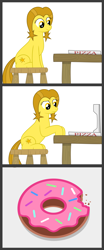 Size: 2500x6000 | Tagged: safe, artist:devfield, artist:pizzamovies, imported from derpibooru, oc, oc:golden star, pony, chair, collaboration, comic, confused, cutie mark, donut, female, food, frown, golden star loves donuts, pizza box, shading, simple background, solo, stool, table, two toned mane, two toned tail, unexpected, white background