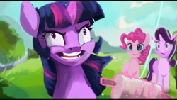 Size: 1920x1080 | Tagged: safe, artist:hierozaki, imported from derpibooru, pinkie pie, starlight glimmer, twilight sparkle, alicorn, pony, starlight the hypnotist, spoiler:interseason shorts, derp, female, hypnosis, hypnotized, kite, magic, open mouth, scene interpretation, shrunken pupils, twilight snapple, twilight sparkle (alicorn), wavy mouth, wide eyes