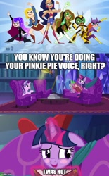 Size: 500x805 | Tagged: safe, imported from derpibooru, screencap, spike, starlight glimmer, twilight sparkle, alicorn, human, pony, a hearth's warming tail, blushing, book, caption, couch, dc comics, dc superhero girls, floppy ears, image macro, library, text, twilight sparkle (alicorn), twilight's castle, twilight's castle library