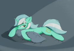 Size: 2947x2057 | Tagged: safe, artist:d.w.h.cn, imported from derpibooru, lyra heartstrings, pony, unicorn, female, mare, one eye closed, pillow, prone, solo