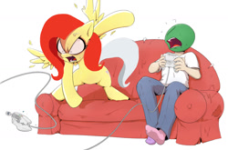 Size: 1275x839 | Tagged: safe, artist:shoutingisfun, edit, imported from derpibooru, fluttershy, oc, oc:anon, human, pegasus, pony, elements of insanity, anon's couch, clothes, controller, couch, cross-popping veins, feather, female, flutterrage, fluttershout, male, mare, mismatched socks, ooc is serious business, paint, rage, rage quit, sega dreamcast, simple background, socks, spread wings, throwing, vein, vein bulge, video game, white background, wings