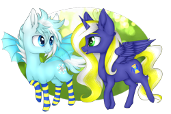 Size: 3000x2000 | Tagged: safe, artist:hazepages, imported from derpibooru, oc, oc only, oc:radbat, oc:time vortex (kaifloof), oc:time vortex (th3bluerose), alicorn, alicorn oc, chibi, clothes, commissioner:kaifloof, commissioner:th3bluerose, looking at each other, old design, simple background, socks, striped socks, transparent background