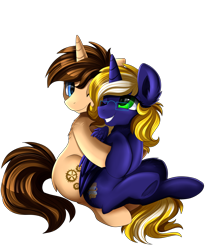 Size: 2300x2800 | Tagged: safe, artist:pridark, imported from derpibooru, oc, oc:clockwork, oc:time vortex (kaifloof), oc:time vortex (th3bluerose), alicorn, pony, unicorn, commissioner:kaifloof, commissioner:th3bluerose, dead ship, female, glasses, hug, male, mare, stallion