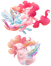 Size: 830x1070 | Tagged: safe, artist:pinkablue, imported from derpibooru, pinkie pie, rainbow dash, earth pony, pegasus, pony, blushing, dancing, female, kissing, lesbian, mare, pinkiedash, shipping, signature, simple background, white background