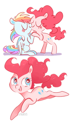 Size: 500x845 | Tagged: safe, artist:pinkablue, imported from derpibooru, pinkie pie, rainbow dash, earth pony, pegasus, pony, bipedal, bipedal leaning, blushing, female, kissing, leaning, lesbian, mare, pinkiedash, shipping, signature, simple background, starry eyes, white background, wingding eyes