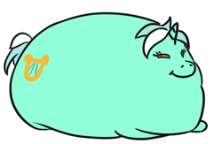 Size: 465x304 | Tagged: safe, artist:jargon scott, imported from derpibooru, lyra heartstrings, pony, unicorn, absolute unit, blob, colored sclera, disguised discord, fat, female, lidded eyes, looking at you, mare, morbidly obese, obese, ponyloaf, prone, simple background, smiling, smirk, smug, solo, wat, white background