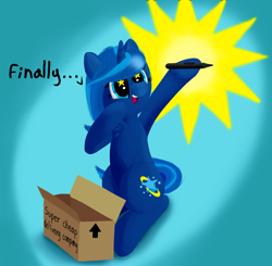 Size: 1100x1080 | Tagged: safe, artist:stellardust, derpibooru exclusive, imported from derpibooru, oc, oc only, oc:stellar dust, pony, unicorn, box, female, happy, mare, sitting, solo, stylus, wingding eyes