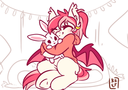 Size: 3660x2593 | Tagged: safe, artist:ruef, imported from derpibooru, oc, oc only, oc:blood moon, bat pony, pony, bat pony oc, clothes, ear piercing, earring, eyes closed, hug, jewelry, piercing, plushie, sitting, sweatshirt, underhoof