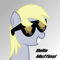 Size: 1001x1000 | Tagged: safe, artist:crimsonlynx97, imported from derpibooru, derpy hooves, pegasus, pony, cute, derpabetes, female, food, glasses, gray background, mare, muffin, simple background, smiling, solo, sunglasses