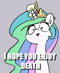 Size: 839x1024 | Tagged: safe, artist:pabbley, edit, imported from derpibooru, princess celestia, pony, bust, caption, ear fluff, female, glowing horn, image macro, imminent death, magic, meme, portrait, solo, text, tyrant celestia