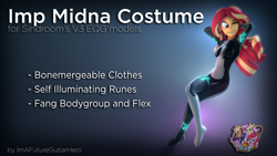 Size: 3840x2160 | Tagged: safe, artist:imafutureguitarhero, artist:sindroom, imported from derpibooru, part of a set, sunset shimmer, human, equestria girls, 3d, arm behind head, armpits, bodysuit, clothes, colored eyebrows, cosplay, costume, crossover, download, download at source, downloadable, fangs, female, floating, glow, glowing, gradient background, grin, high res, legend of zelda: twilight princess, midna, multicolored hair, one eye closed, part of a series, skintight clothes, smiling, solo, source filmmaker, source filmmaker resource, text, the legend of zelda, the legend of zelda: twilight princess, wink