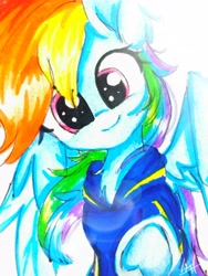 Size: 2120x2821 | Tagged: safe, artist:liaaqila, imported from derpibooru, rainbow dash, pegasus, pony, clothes, cute, dashabetes, female, hoodie, looking at you, mare, raised hoof, smiling, solo, spread wings, traditional art, underhoof, wings