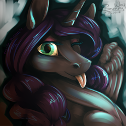 Size: 500x500 | Tagged: source needed, useless source url, safe, artist:sunny way, imported from derpibooru, oc, oc only, oc:cognita, oc:cognitio dissonantia, alicorn, pony, alicorn oc, artwork, cute, female, horn, icon, mare, one eye closed, present, rcf community, smiling, solo, tongue out, wings, wink