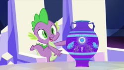 Size: 1280x720 | Tagged: safe, imported from derpibooru, screencap, spike, alicorn, dragon, season 6, the crystalling, crystal heart, male, solo, vase