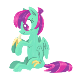 Size: 800x800 | Tagged: safe, artist:needsmoarg4, imported from derpibooru, banana bliss, pegasus, pony, banana, female, food, lineless, mare, simple background, sitting, solo, white background