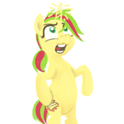 Size: 800x800 | Tagged: safe, artist:needsmoarg4, imported from derpibooru, kiwi tart, earth pony, pony, unicorn, bipedal, blind bag pony, female, mare, open mouth, ponytail, simple background, solo, white background