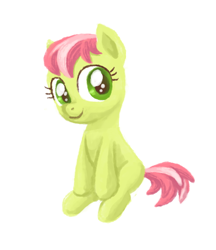 Size: 538x624 | Tagged: safe, artist:needsmoarg4, imported from derpibooru, apple sprout, earth pony, pony, blank flank, female, filly, simple background, sitting, smiling, so soft, solo, toy, white background