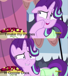 Size: 643x719 | Tagged: safe, edit, edited screencap, editor:countcoltnackh, imported from derpibooru, screencap, starlight glimmer, pony, unicorn, rock solid friendship, caption, cherry, discovery family logo, exploitable meme, female, food, google, google docs, image macro, meme, solo, sweat, text