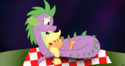 Size: 1366x728 | Tagged: safe, artist:stormxdestiny, imported from derpibooru, applejack, spike, dragon, pony, applespike, blushing, cute, eyes closed, female, floppy ears, jackabetes, male, missing accessory, night, older, older spike, picnic blanket, shipping, snuggling, spikabetes, stars, straight