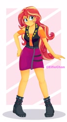 Size: 2200x4000 | Tagged: safe, artist:katakiuchi4u, imported from derpibooru, sunset shimmer, equestria girls, equestria girls series, abstract background, blushing, boots, clothes, cute, female, freckles, high heel boots, legs, looking at you, peppered bacon, pose, shimmerbetes, shoes, skirt, smiling, solo, watermark