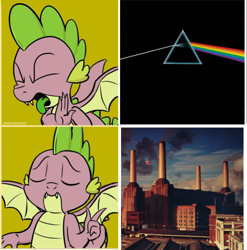 Size: 712x722 | Tagged: safe, artist:pony-berserker, deleted from derpibooru, editor:countcoltnackh, imported from derpibooru, spike, album, album cover, animals (album), dank memes, drake, exploitable meme, factory, four panel meme, hotline bling, meme, pink floyd, prism, progressive rock, rainbow, smokestack, the dark side of the moon