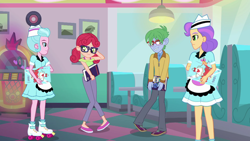 Size: 1920x1080 | Tagged: safe, imported from derpibooru, screencap, alizarin bubblegum, celery stalk, sunny sugarsocks, tip top, coinky-dink world, eqg summertime shorts, equestria girls, alizary, background human, book, doo wop, milkshake malt, shipping fuel