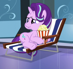 Size: 508x485 | Tagged: safe, imported from derpibooru, screencap, starlight glimmer, pony, unicorn, season 6, the crystalling, aweeg*, beach chair, chair, cropped, female, food, lawn chair, mare, popcorn, puffy cheeks, solo