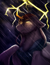 Size: 1615x2100 | Tagged: safe, artist:rottengotika, imported from derpibooru, oc, oc only, oc:dante wail, alicorn, pony, alicorn oc, angry, clothes, crying, powerful, rain, scarf, solo, storm, thunder, weeping