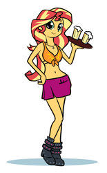 Size: 1237x2000 | Tagged: safe, artist:gsphere, imported from derpibooru, sunset shimmer, equestria girls, belly button, boots, clothes, female, front knot midriff, looking at you, midriff, shoes, simple background, skirt, smiling, solo, waitress