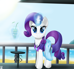 Size: 5900x5500 | Tagged: safe, artist:theretroart88, imported from derpibooru, rarity, pony, unicorn, equestria girls, equestria girls series, my little pony: the movie, beach, clothes, cute, drink, equestria girls outfit, equestria girls ponified, female, human pony rarity, jewelry, levitation, looking at you, magic, mare, movie accurate, necklace, ocean, ponified, raribetes, sarong, sky, smiling, solo, swimsuit, telekinesis