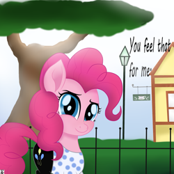 Size: 2499x2500 | Tagged: safe, artist:theretroart88, imported from derpibooru, pinkie pie, earth pony, pony, clothes, female, looking at you, mare, movie accurate, park, smiling, solo, tree