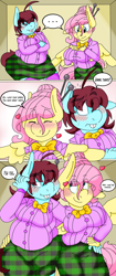 Size: 1574x3750 | Tagged: safe, artist:blackbewhite2k7, imported from derpibooru, fluttershy, oc, oc:stern words, anthro, big breasts, blouse, breasts, busty fluttershy, canon x oc, clothes, comic, commission, fat, huge breasts, plaid skirt, skirt, work clothes