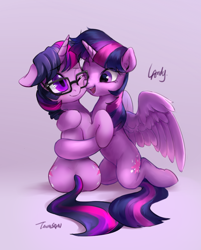 Size: 674x837 | Tagged: safe, artist:luciferamon, artist:tingsan, imported from derpibooru, sci-twi, twilight sparkle, alicorn, pony, unicorn, equestria girls, anatomically incorrect, collaboration, cute, duality, duo, equestria girls ponified, female, floppy ears, glasses, gray background, happy, hug, incorrect leg anatomy, kneeling, mare, nuzzling, one eye closed, ponified, self ponidox, simple background, smiling, spread wings, twiabetes, twilight sparkle (alicorn), twolight, unicorn sci-twi, wing fluff, wings, wink