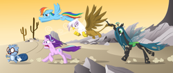 Size: 1969x827 | Tagged: safe, artist:culu-bluebeaver, deleted from derpibooru, imported from derpibooru, gilda, queen chrysalis, rainbow dash, starlight glimmer, beaver, changeling, changeling queen, griffon, moose, pegasus, unicorn, angry, desert, female, flying, glasses, happy tree friends, pencil, ragelight glimmer, running, skull, wings