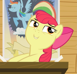 Size: 797x766 | Tagged: safe, imported from derpibooru, screencap, apple bloom, earth pony, pony, bloom and gloom, adorabloom, bow, cropped, cute, female, filly, hair bow, lidded eyes, smiling, smirk, smug, solo