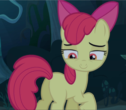 Size: 1076x939 | Tagged: safe, imported from derpibooru, screencap, apple bloom, earth pony, pony, bloom and gloom, butt, cropped, female, filly, lidded eyes, looking back, plot, raised hoof, smiling, solo