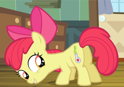 Size: 1346x940 | Tagged: safe, imported from derpibooru, screencap, apple bloom, earth pony, pony, bloom and gloom, alternate cutie mark, butt, cropped, cutie mark, excited, female, plot, smiling, solo