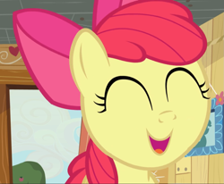 Size: 1137x938 | Tagged: safe, imported from derpibooru, screencap, apple bloom, earth pony, pony, bloom and gloom, adorabloom, close-up, cropped, cute, eyes closed, female, filly, open mouth, smiling, solo