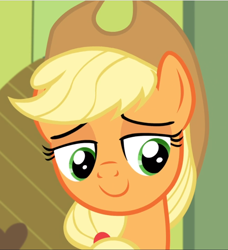 Size: 856x940 | Tagged: safe, imported from derpibooru, screencap, applejack, earth pony, pony, bloom and gloom, applejack's hat, close-up, cowboy hat, cropped, cute, female, hat, jackabetes, lidded eyes, mare, smiling, solo, stetson, stupid sexy applejack