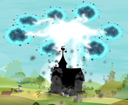 Size: 1022x834 | Tagged: safe, imported from derpibooru, screencap, twittermite, bloom and gloom, destruction, disaster, electricity, lightning, no pony, smoke, swarm, sweet apple acres