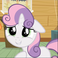 Size: 931x941 | Tagged: safe, imported from derpibooru, screencap, sweetie belle, pony, unicorn, bloom and gloom, cropped, cute, diasweetes, eye shimmer, female, filly, floppy ears, smiling, solo