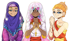 Size: 4535x2570 | Tagged: safe, artist:schokocream, imported from derpibooru, princess flurry heart, pumpkin cake, oc, human, saddle arabian, equestria girls, alternate hairstyle, beads, buddhism, catholicism, christianity, colored, cross, dark skin, description is relevant, freckles, happy, hijab, humanized, islam, jewelry, looking at you, mixed, necklace, next generation, older, older flurry heart, older pumpkin cake, positive ponies, prayer beads, prayer veil, praying, rosary, saddle arabia, simple background, smiling, trio, veil, white background, white pupils