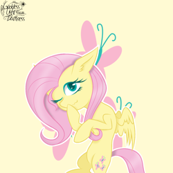 Size: 1100x1100 | Tagged: safe, artist:goddess-lidark, imported from derpibooru, fluttershy, pegasus, pony, covering mouth, cutie mark background, female, looking at you, mare, one eye closed, outline, solo, stray strand, three quarter view, wavy mouth, white outline, wings, wink