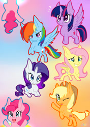 Size: 2059x2912 | Tagged: safe, artist:mysteryart716, imported from derpibooru, applejack, fluttershy, pinkie pie, rainbow dash, rarity, twilight sparkle, alicorn, earth pony, pegasus, pony, unicorn, apple eyes, chest fluff, chibi, cute, cutie mark eyes, dashabetes, diapinkes, ear fluff, eye clipping through hair, jackabetes, leg fluff, mane six, open mouth, pinkie being pinkie, portal (valve), raribetes, shyabetes, spread wings, starry eyes, twiabetes, twilight sparkle (alicorn), wingding eyes, wings