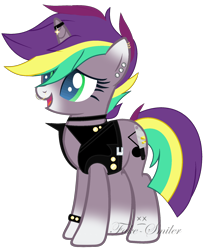 Size: 1584x1888 | Tagged: safe, artist:space--paws0w0, imported from derpibooru, oc, oc only, oc:punk note, pony, unicorn, belt, blaze (coat marking), choker, clothes, coat markings, ear piercing, earring, facial markings, female, horn ring, jacket, jewelry, leather jacket, mare, nose piercing, nose ring, piercing, simple background, solo, spiked wristband, transparent background, wristband